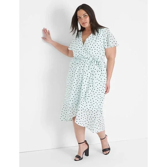 NWT Lane Bryant Faux Wrap Dress Size 16 Polka Dot Flirty Blue Midi Ruffle $90 - Picture 1 of 11